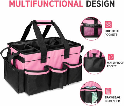 Portable Multi Cleaning Tool Bag Caddy Organizer With Waterproof Pocket Mesh Pockets Trash Holder For Home Car Supplies Storage(Pink)