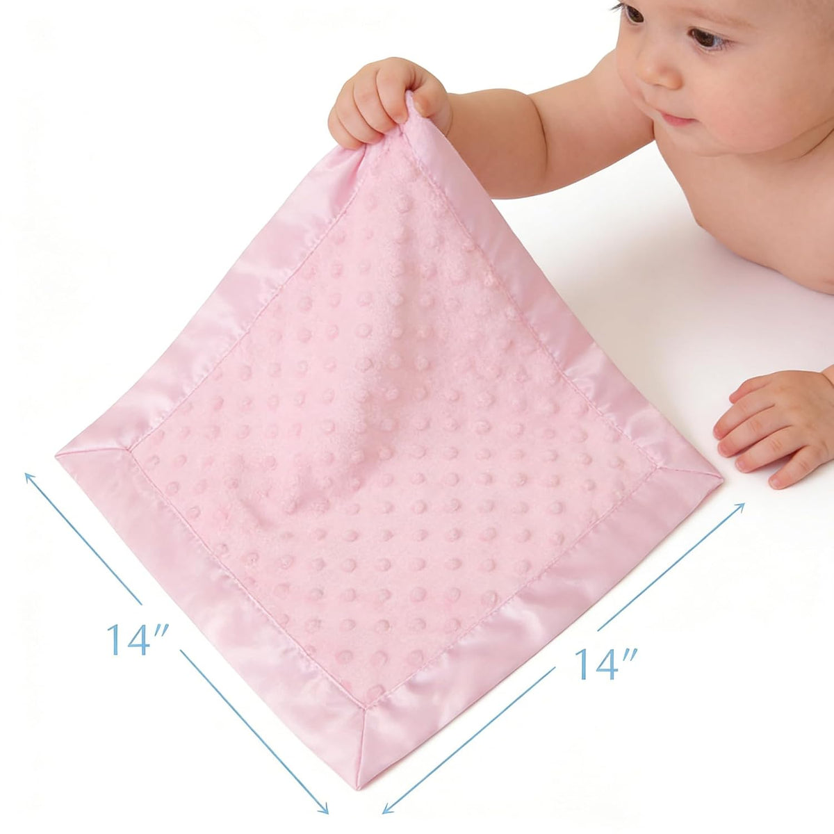 Heavenly Soft Chenille Security Blanket (14" x 14"), 2-Layer Design with Minky Dot & Silky Satin, Pink, for Boys and Girls