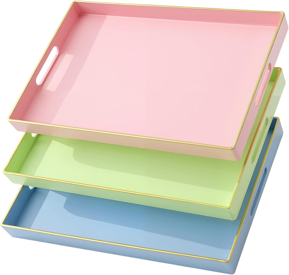 3 Pcs Decorative Serving Trays with Handles Lacquer Serving Trays 15.75" X10.24" Plastic Platters for Coffee Table, Ottoman, Valentine's Day Home Decoration(Blue, Green, Pink)