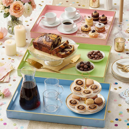 3 Pcs Decorative Serving Trays with Handles Lacquer Serving Trays 15.75" X10.24" Plastic Platters for Coffee Table, Ottoman, Valentine's Day Home Decoration(Blue, Green, Pink)