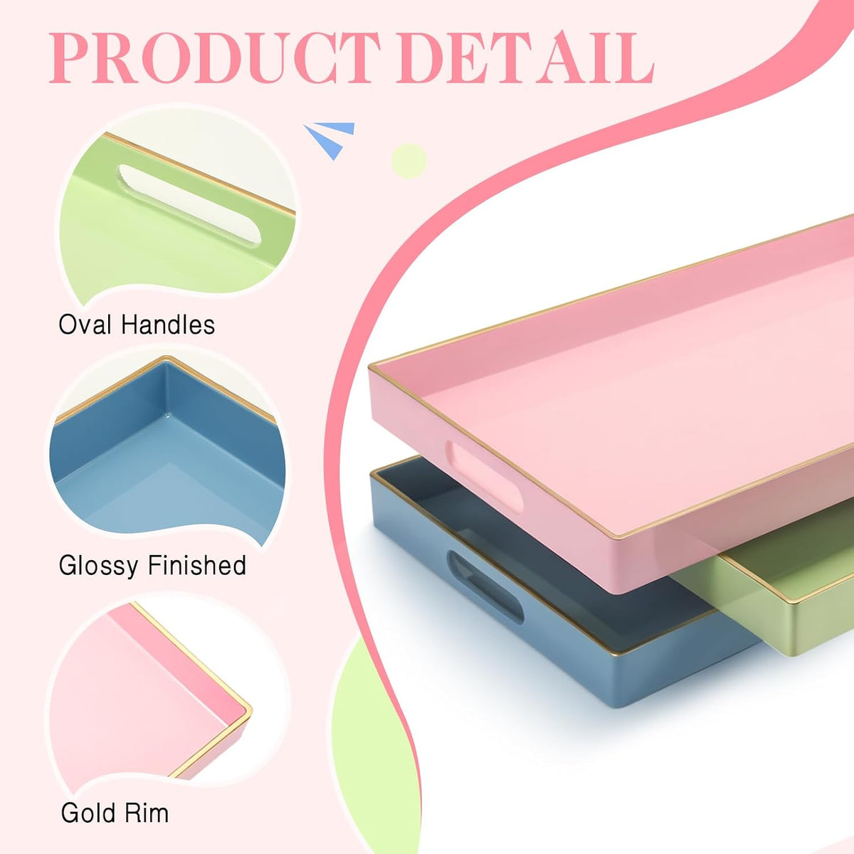 3 Pcs Decorative Serving Trays with Handles Lacquer Serving Trays 15.75" X10.24" Plastic Platters for Coffee Table, Ottoman, Valentine's Day Home Decoration(Blue, Green, Pink)