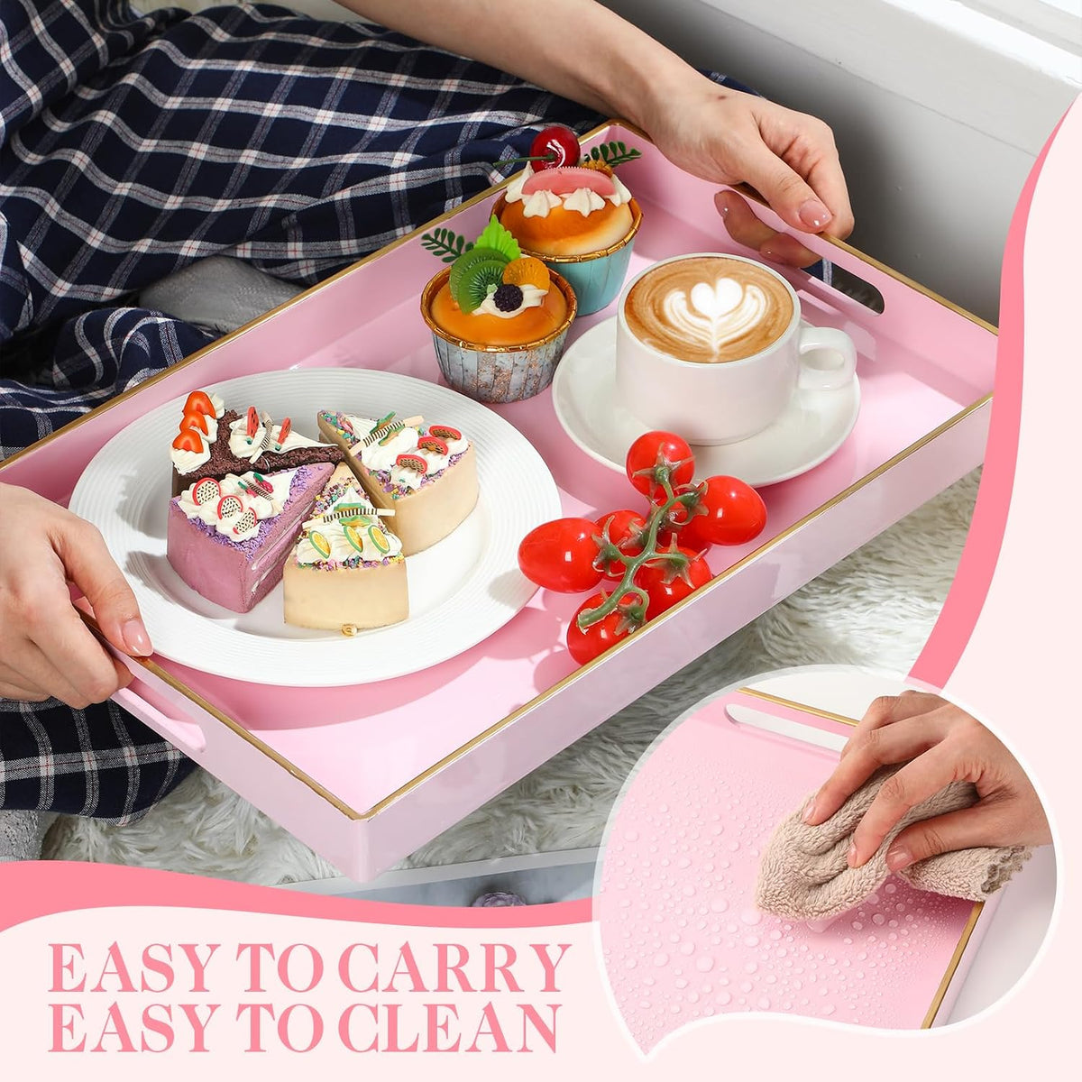 3 Pcs Decorative Serving Trays with Handles Lacquer Serving Trays 15.75" X10.24" Plastic Platters for Coffee Table, Ottoman, Valentine's Day Home Decoration(Blue, Green, Pink)