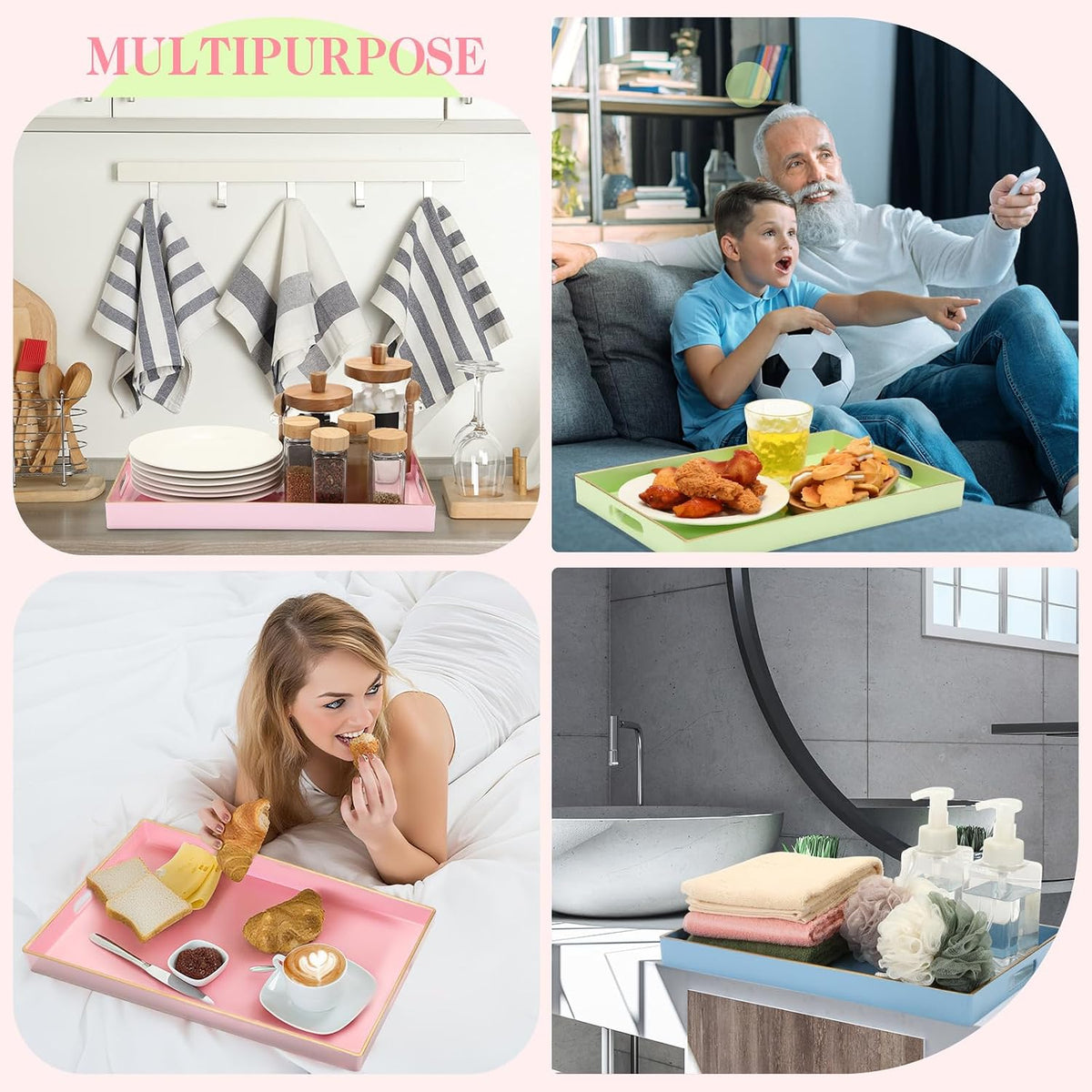 3 Pcs Decorative Serving Trays with Handles Lacquer Serving Trays 15.75" X10.24" Plastic Platters for Coffee Table, Ottoman, Valentine's Day Home Decoration(Blue, Green, Pink)