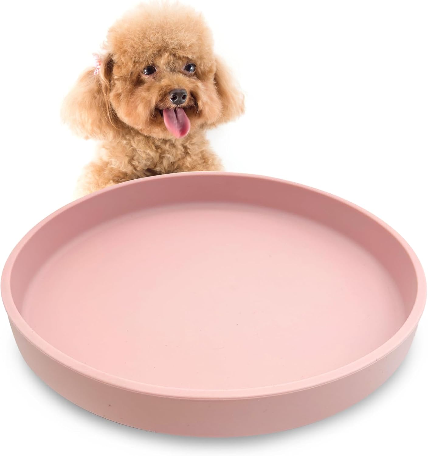 Silicone Dog Plates for Food Shallow Pet Bowl Flat Puppy Food Bowl Whisker Fatigue Cat Feeding Bowls Noiseless Dishes for Dry and Wet Food (Round Pink)