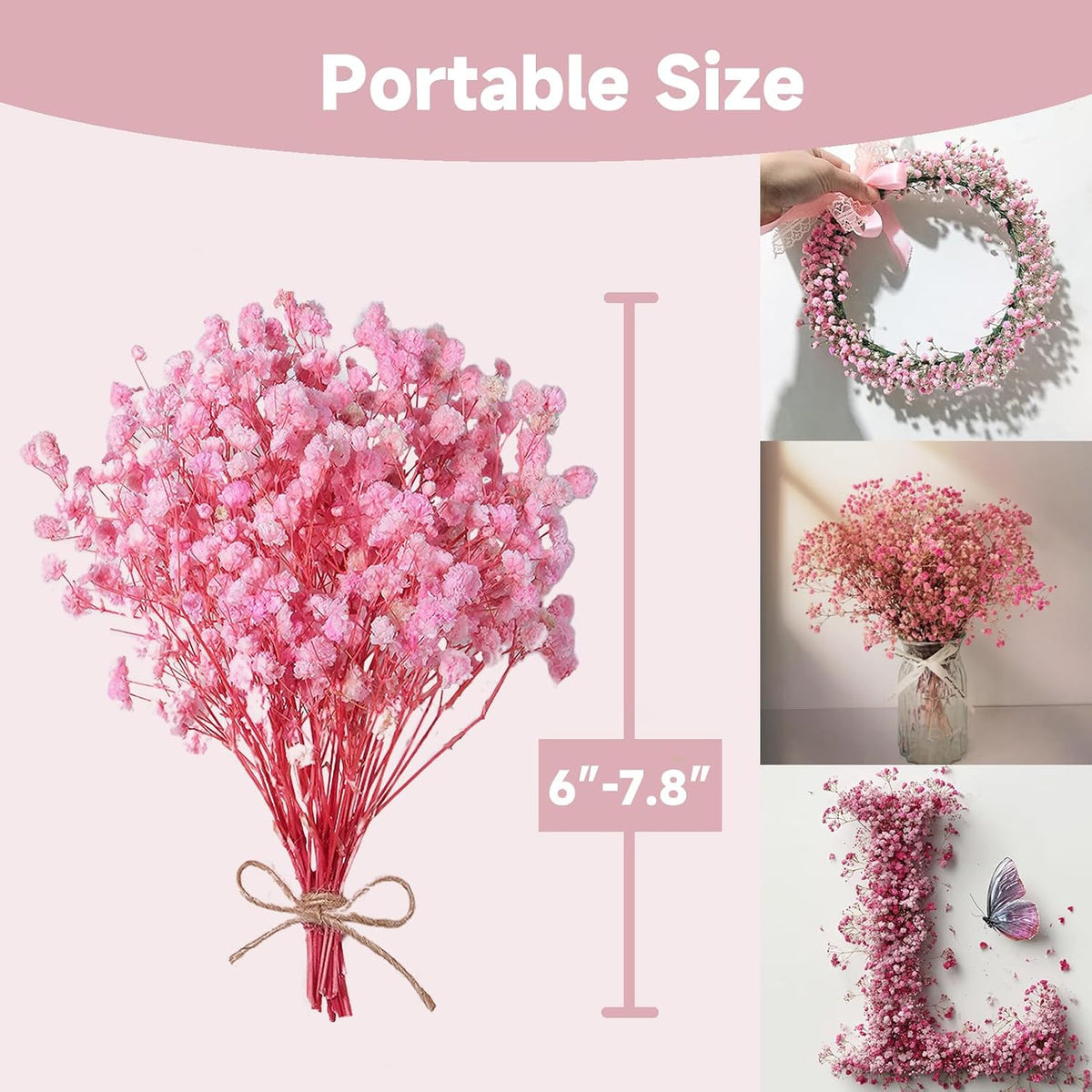 2000+ Pure Pink 6"-7.8" Portable Dried Baby's Breath Bouquet