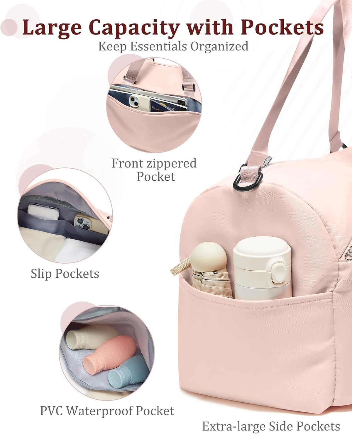 Gym Bag for Women with Shoe Compartment Travel Duffel Bag Pink