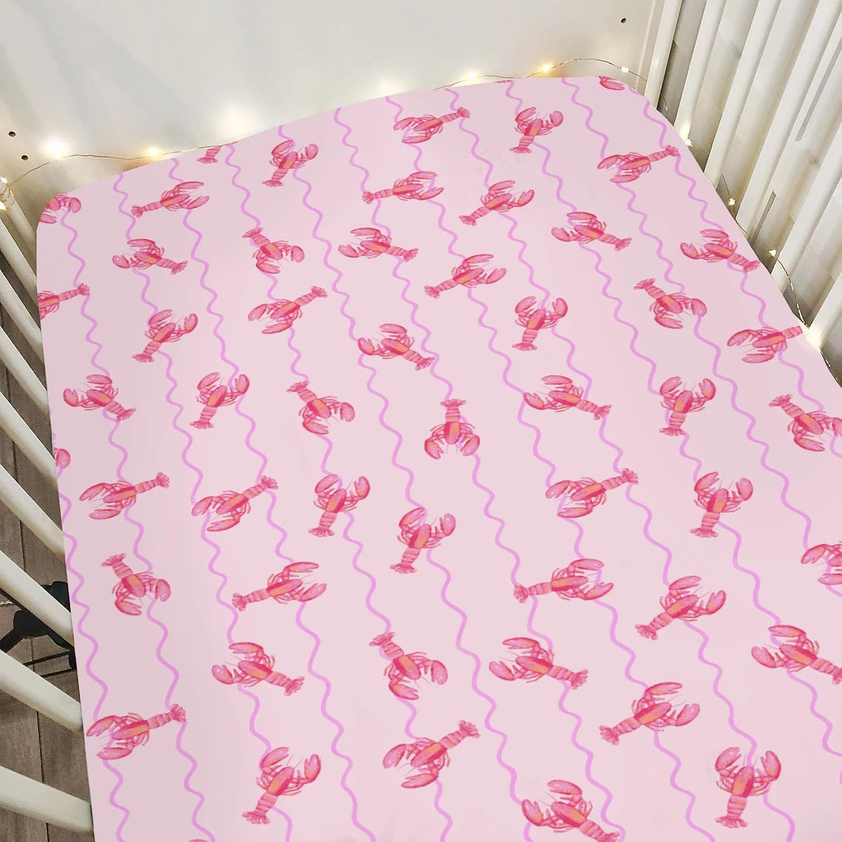 Pink Lobster Bows Stripe Baby Crib Sheets for Boy Girl 52x28Inch Lobsters Sea Ocean Stripes Soft Snug Fitted Crib Mattress Covers Coastal Summer Baby Sheet for Standard Crib & Toddler Bed Mattress