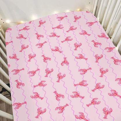 Pink Lobster Bows Stripe Baby Crib Sheets for Boy Girl 52x28Inch Lobsters Sea Ocean Stripes Soft Snug Fitted Crib Mattress Covers Coastal Summer Baby Sheet for Standard Crib & Toddler Bed Mattress