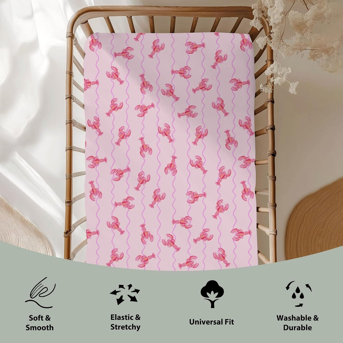 Pink Lobster Bows Stripe Baby Crib Sheets for Boy Girl 52x28Inch Lobsters Sea Ocean Stripes Soft Snug Fitted Crib Mattress Covers Coastal Summer Baby Sheet for Standard Crib & Toddler Bed Mattress