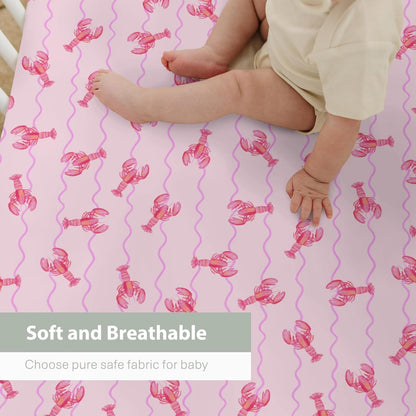 Pink Lobster Bows Stripe Baby Crib Sheets for Boy Girl 52x28Inch Lobsters Sea Ocean Stripes Soft Snug Fitted Crib Mattress Covers Coastal Summer Baby Sheet for Standard Crib & Toddler Bed Mattress