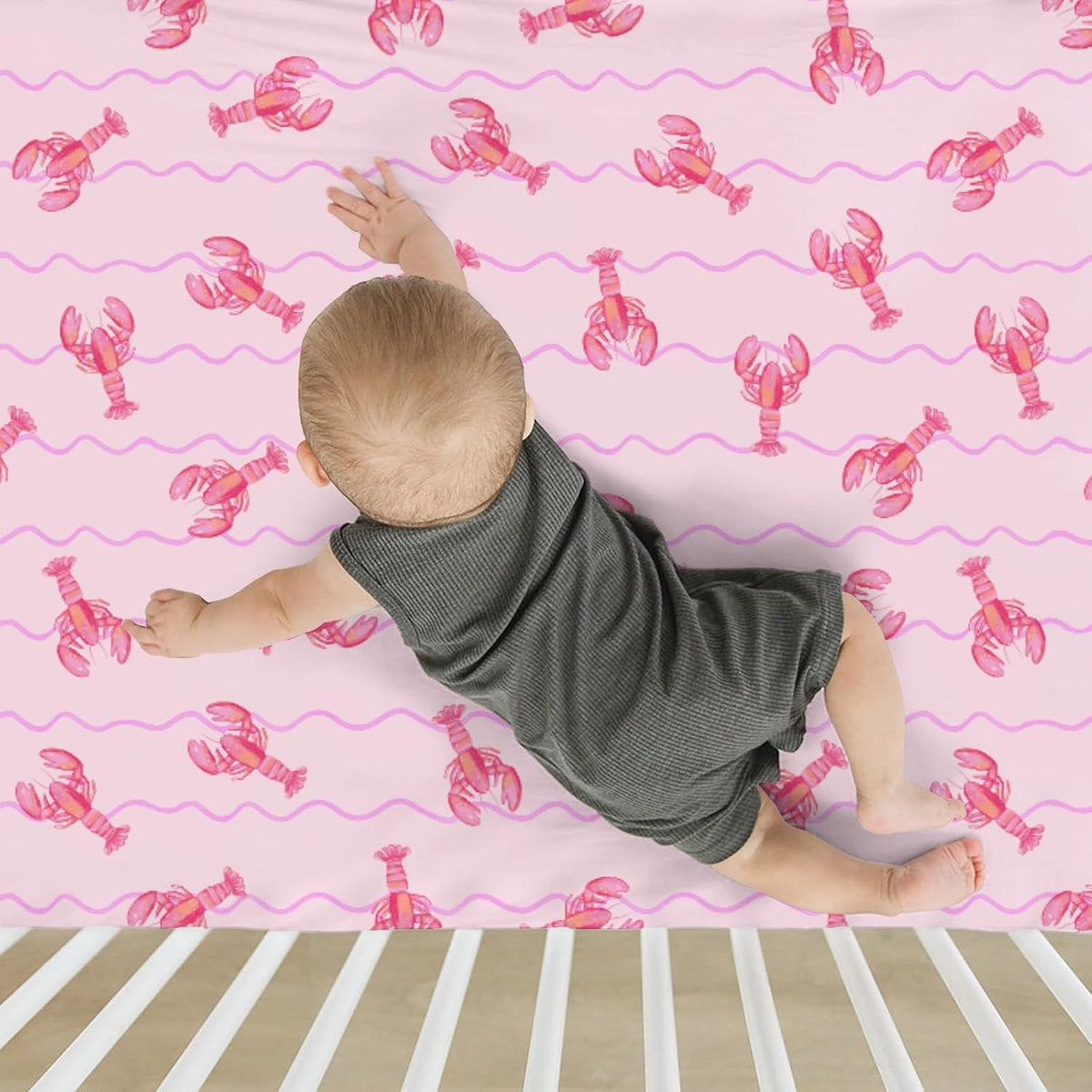 Pink Lobster Bows Stripe Baby Crib Sheets for Boy Girl 52x28Inch Lobsters Sea Ocean Stripes Soft Snug Fitted Crib Mattress Covers Coastal Summer Baby Sheet for Standard Crib & Toddler Bed Mattress