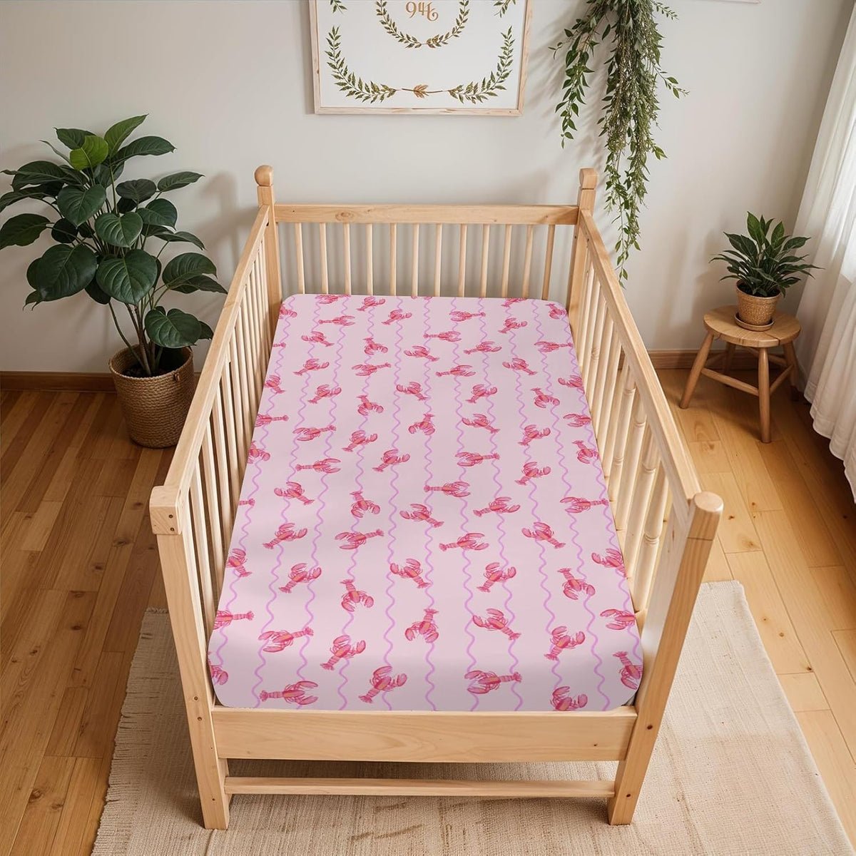 Pink Lobster Bows Stripe Baby Crib Sheets for Boy Girl 52x28Inch Lobsters Sea Ocean Stripes Soft Snug Fitted Crib Mattress Covers Coastal Summer Baby Sheet for Standard Crib & Toddler Bed Mattress