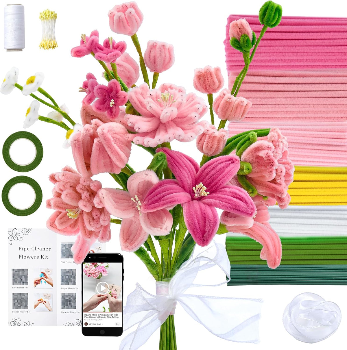 500 Pcs Pastel Pipe Cleaners Bulk Craft, Pink Pipe Cleaner Flower Kit, Glue-Free & Safe for Kids, Step-by-Step Tutorial, 6 Colors Chenille Stems for Flower Making