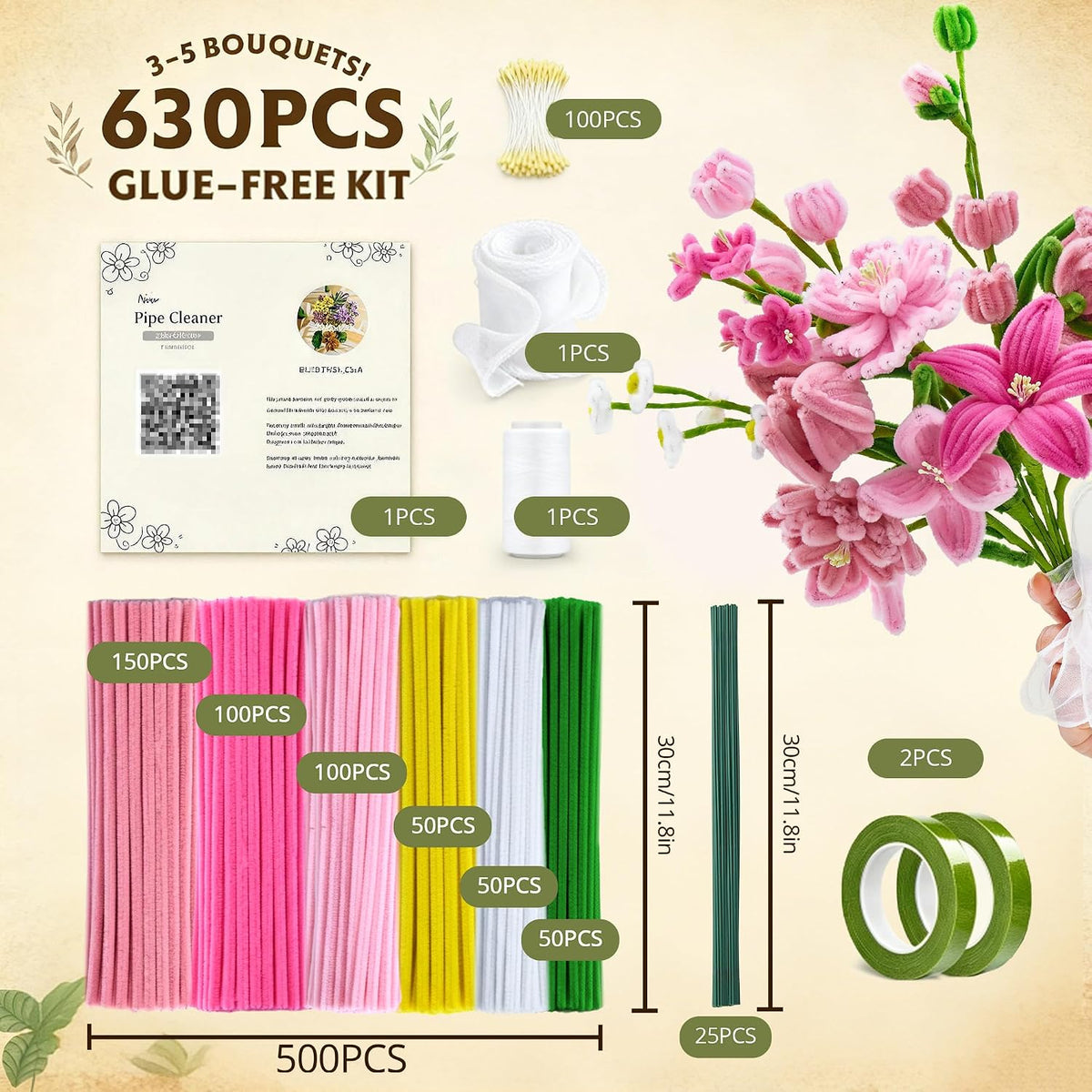 500 Pcs Pastel Pipe Cleaners Bulk Craft, Pink Pipe Cleaner Flower Kit, Glue-Free & Safe for Kids, Step-by-Step Tutorial, 6 Colors Chenille Stems for Flower Making