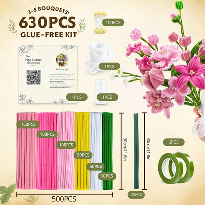 500 Pcs Pastel Pipe Cleaners Bulk Craft, Pink Pipe Cleaner Flower Kit, Glue-Free & Safe for Kids, Step-by-Step Tutorial, 6 Colors Chenille Stems for Flower Making