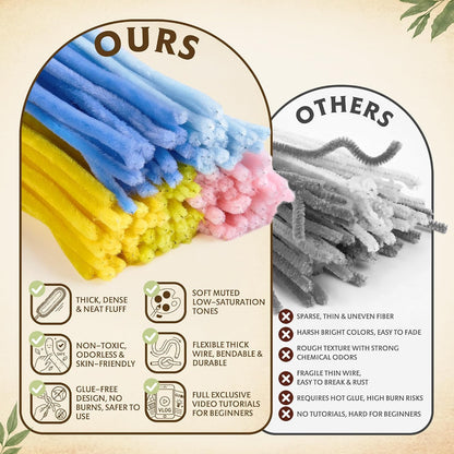 500 Pcs Pastel Pipe Cleaners Bulk Craft, Pink Pipe Cleaner Flower Kit, Glue-Free & Safe for Kids, Step-by-Step Tutorial, 6 Colors Chenille Stems for Flower Making