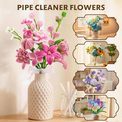 500 Pcs Pastel Pipe Cleaners Bulk Craft, Pink Pipe Cleaner Flower Kit, Glue-Free & Safe for Kids, Step-by-Step Tutorial, 6 Colors Chenille Stems for Flower Making
