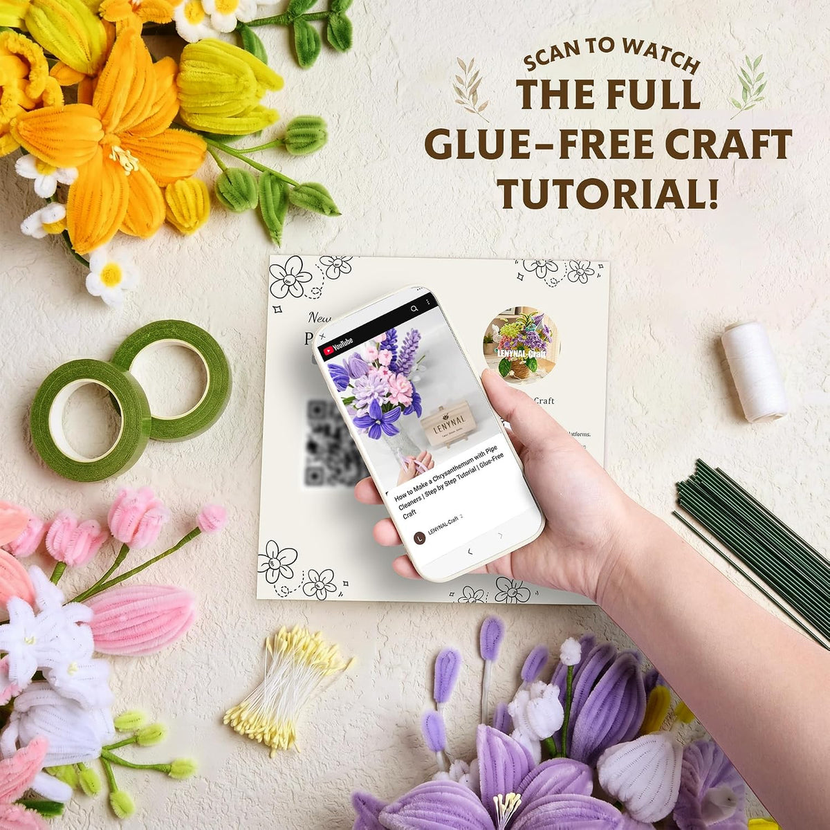 500 Pcs Pastel Pipe Cleaners Bulk Craft, Pink Pipe Cleaner Flower Kit, Glue-Free & Safe for Kids, Step-by-Step Tutorial, 6 Colors Chenille Stems for Flower Making