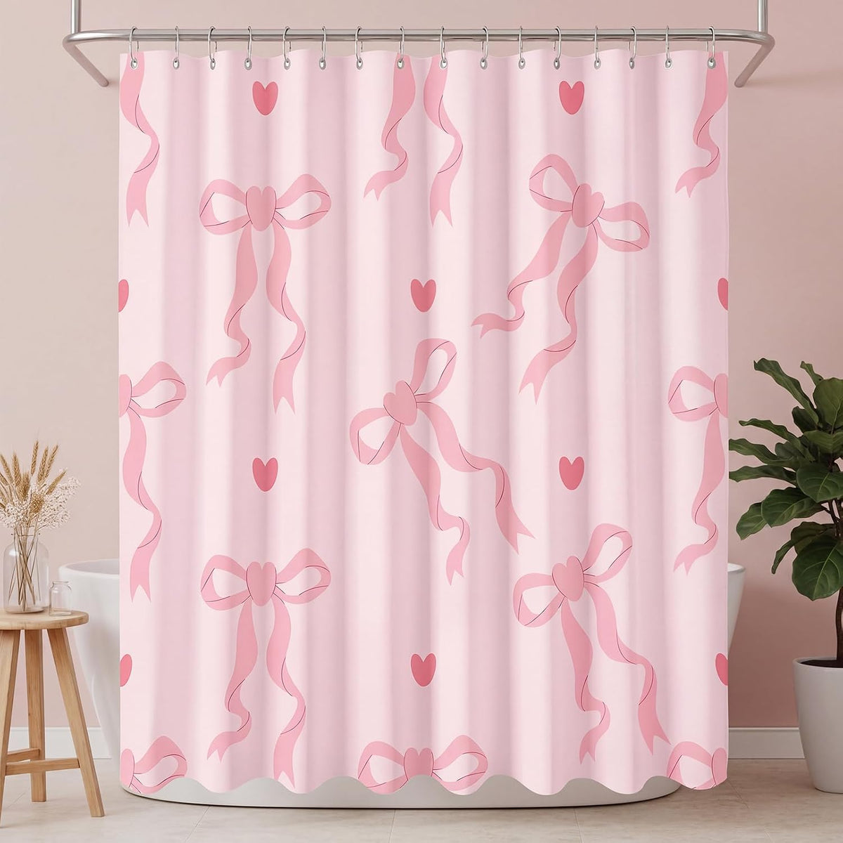 Haull Pink Bow Shower Curtain for Bathroom Coquette Preppy Curtain Decorations with 12 Hooks Pink Bow Aesthetic Bathroom Decor Waterproof Shower Accessories, 72 x 71 Inch