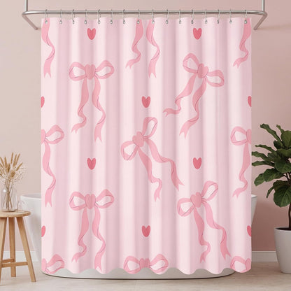 Haull Pink Bow Shower Curtain for Bathroom Coquette Preppy Curtain Decorations with 12 Hooks Pink Bow Aesthetic Bathroom Decor Waterproof Shower Accessories, 72 x 71 Inch