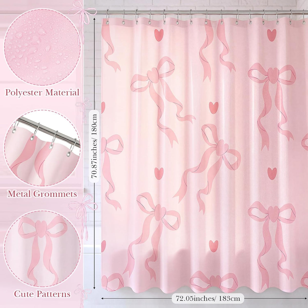 Haull Pink Bow Shower Curtain for Bathroom Coquette Preppy Curtain Decorations with 12 Hooks Pink Bow Aesthetic Bathroom Decor Waterproof Shower Accessories, 72 x 71 Inch