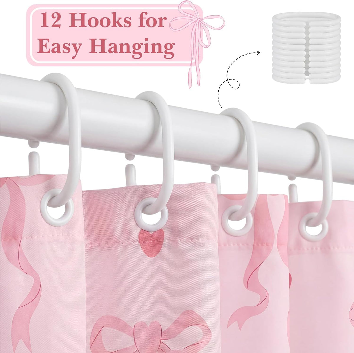 Haull Pink Bow Shower Curtain for Bathroom Coquette Preppy Curtain Decorations with 12 Hooks Pink Bow Aesthetic Bathroom Decor Waterproof Shower Accessories, 72 x 71 Inch