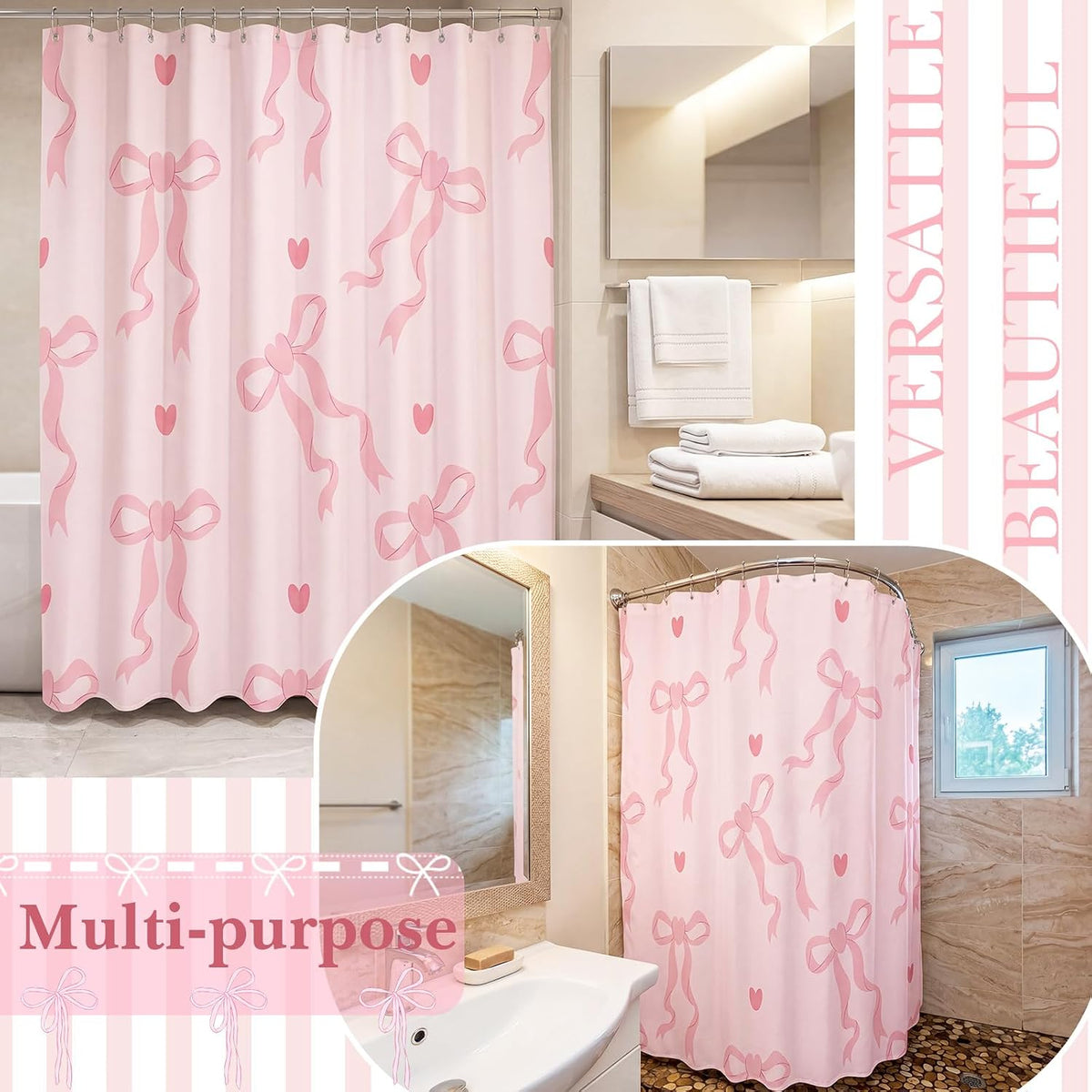 Haull Pink Bow Shower Curtain for Bathroom Coquette Preppy Curtain Decorations with 12 Hooks Pink Bow Aesthetic Bathroom Decor Waterproof Shower Accessories, 72 x 71 Inch