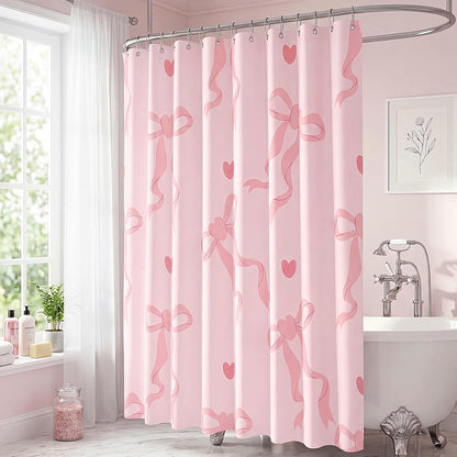 Haull Pink Bow Shower Curtain for Bathroom Coquette Preppy Curtain Decorations with 12 Hooks Pink Bow Aesthetic Bathroom Decor Waterproof Shower Accessories, 72 x 71 Inch