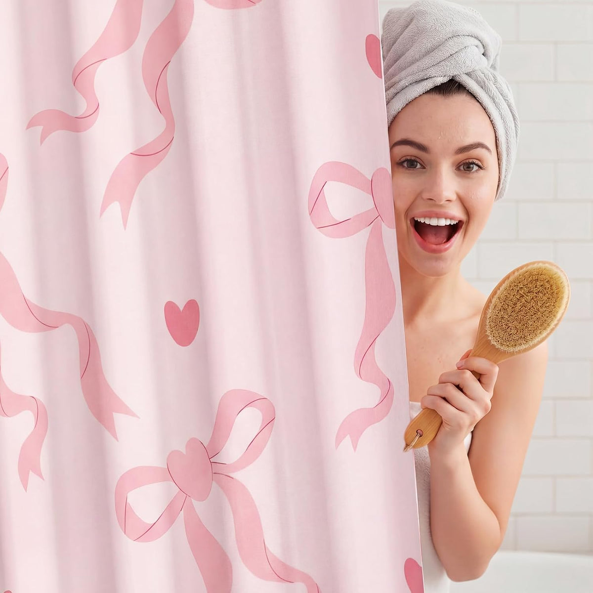 Haull Pink Bow Shower Curtain for Bathroom Coquette Preppy Curtain Decorations with 12 Hooks Pink Bow Aesthetic Bathroom Decor Waterproof Shower Accessories, 72 x 71 Inch