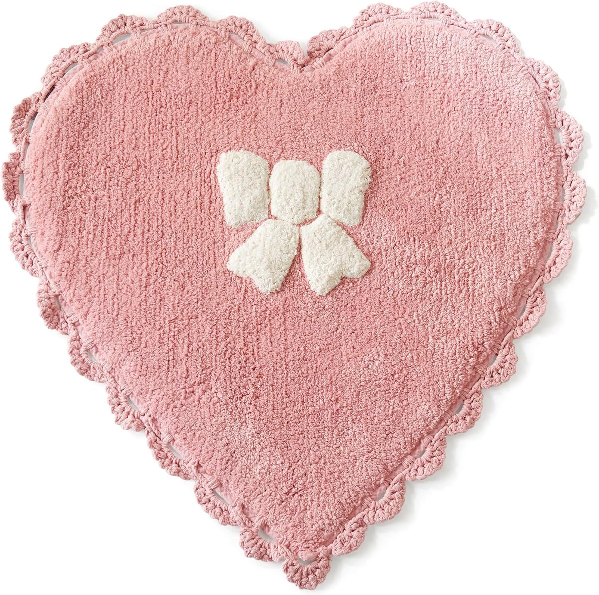 Bow Heart Bath Rug, Pink and White Bathroom Mat, Cute Bathroom Decor for Tub and Shower, Cotton Tufted Absorbent Bath Mat, 20" x 26"