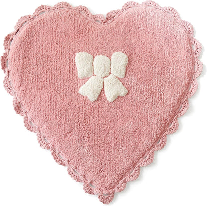 Bow Heart Bath Rug, Pink and White Bathroom Mat, Cute Bathroom Decor for Tub and Shower, Cotton Tufted Absorbent Bath Mat, 20" x 26"