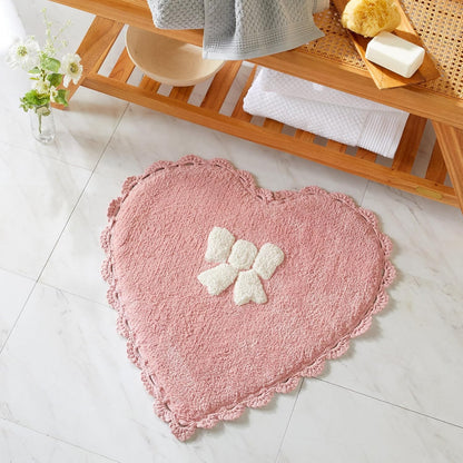 Bow Heart Bath Rug, Pink and White Bathroom Mat, Cute Bathroom Decor for Tub and Shower, Cotton Tufted Absorbent Bath Mat, 20" x 26"