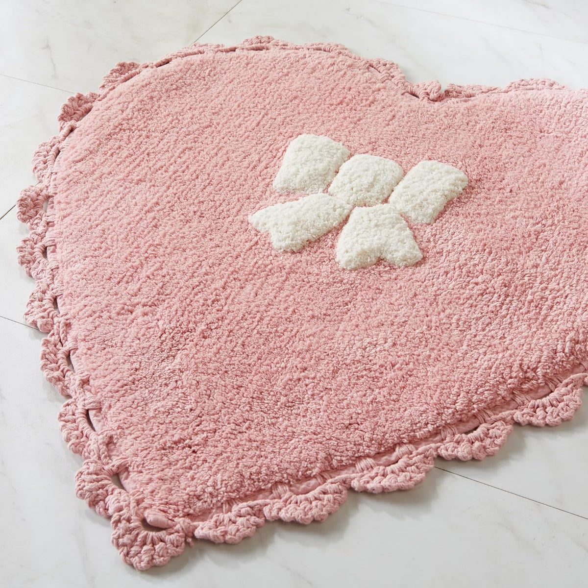 Bow Heart Bath Rug, Pink and White Bathroom Mat, Cute Bathroom Decor for Tub and Shower, Cotton Tufted Absorbent Bath Mat, 20" x 26"