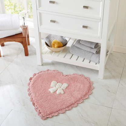 Bow Heart Bath Rug, Pink and White Bathroom Mat, Cute Bathroom Decor for Tub and Shower, Cotton Tufted Absorbent Bath Mat, 20" x 26"