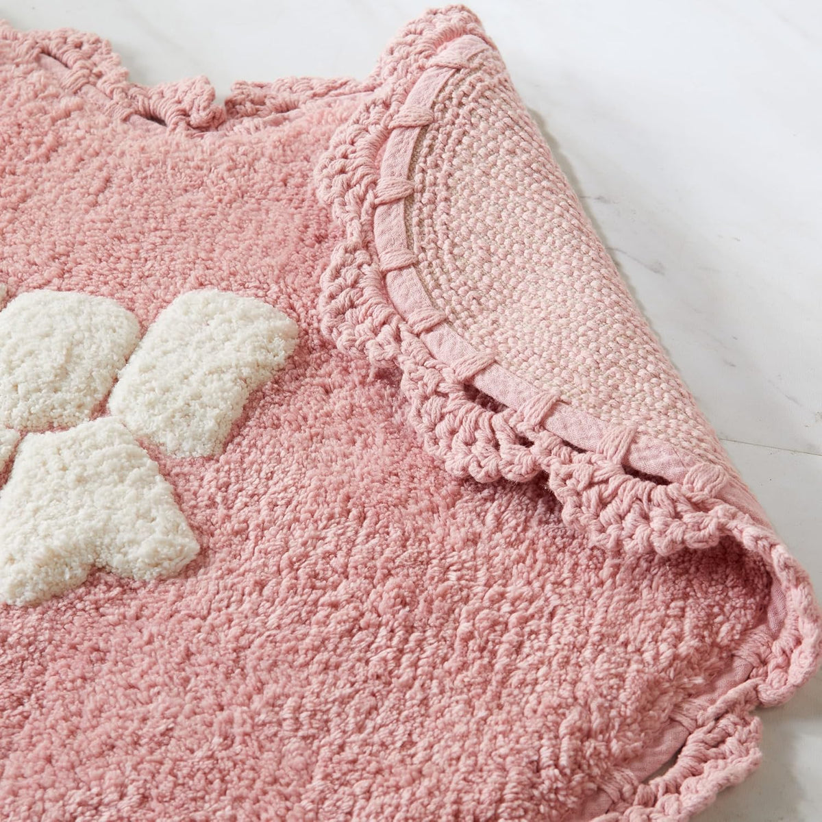 Bow Heart Bath Rug, Pink and White Bathroom Mat, Cute Bathroom Decor for Tub and Shower, Cotton Tufted Absorbent Bath Mat, 20" x 26"