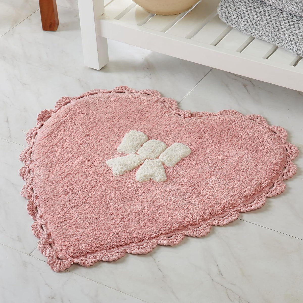 Bow Heart Bath Rug, Pink and White Bathroom Mat, Cute Bathroom Decor for Tub and Shower, Cotton Tufted Absorbent Bath Mat, 20" x 26"
