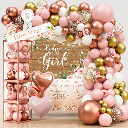 Floral Baby Shower Decorations for Girl, Rose Gold Baby Shower Party Supplies, Baby Boxes, Mom to Be Sash and Dad to Be Pin, Pink Balloon Arch Backdrop Tablecloth Heart Foil Balloon