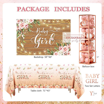 Floral Baby Shower Decorations for Girl, Rose Gold Baby Shower Party Supplies, Baby Boxes, Mom to Be Sash and Dad to Be Pin, Pink Balloon Arch Backdrop Tablecloth Heart Foil Balloon