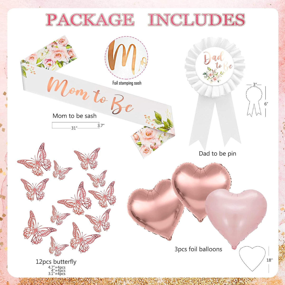 Floral Baby Shower Decorations for Girl, Rose Gold Baby Shower Party Supplies, Baby Boxes, Mom to Be Sash and Dad to Be Pin, Pink Balloon Arch Backdrop Tablecloth Heart Foil Balloon