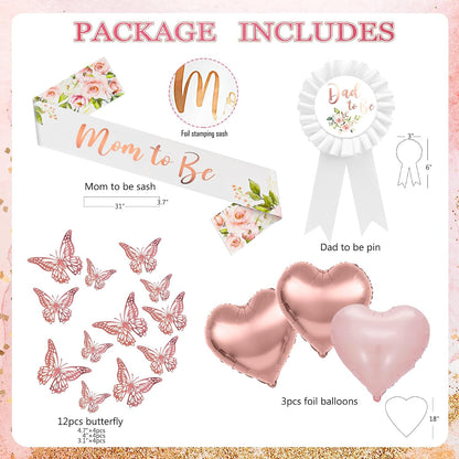 Floral Baby Shower Decorations for Girl, Rose Gold Baby Shower Party Supplies, Baby Boxes, Mom to Be Sash and Dad to Be Pin, Pink Balloon Arch Backdrop Tablecloth Heart Foil Balloon