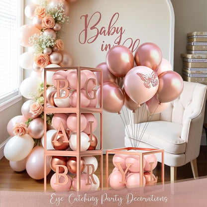 Floral Baby Shower Decorations for Girl, Rose Gold Baby Shower Party Supplies, Baby Boxes, Mom to Be Sash and Dad to Be Pin, Pink Balloon Arch Backdrop Tablecloth Heart Foil Balloon