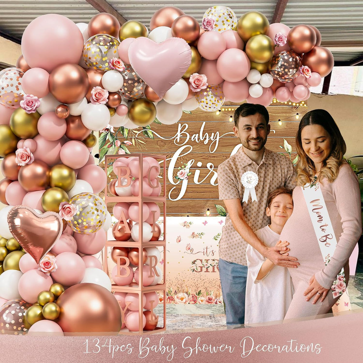 Floral Baby Shower Decorations for Girl, Rose Gold Baby Shower Party Supplies, Baby Boxes, Mom to Be Sash and Dad to Be Pin, Pink Balloon Arch Backdrop Tablecloth Heart Foil Balloon
