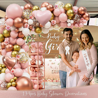Floral Baby Shower Decorations for Girl, Rose Gold Baby Shower Party Supplies, Baby Boxes, Mom to Be Sash and Dad to Be Pin, Pink Balloon Arch Backdrop Tablecloth Heart Foil Balloon