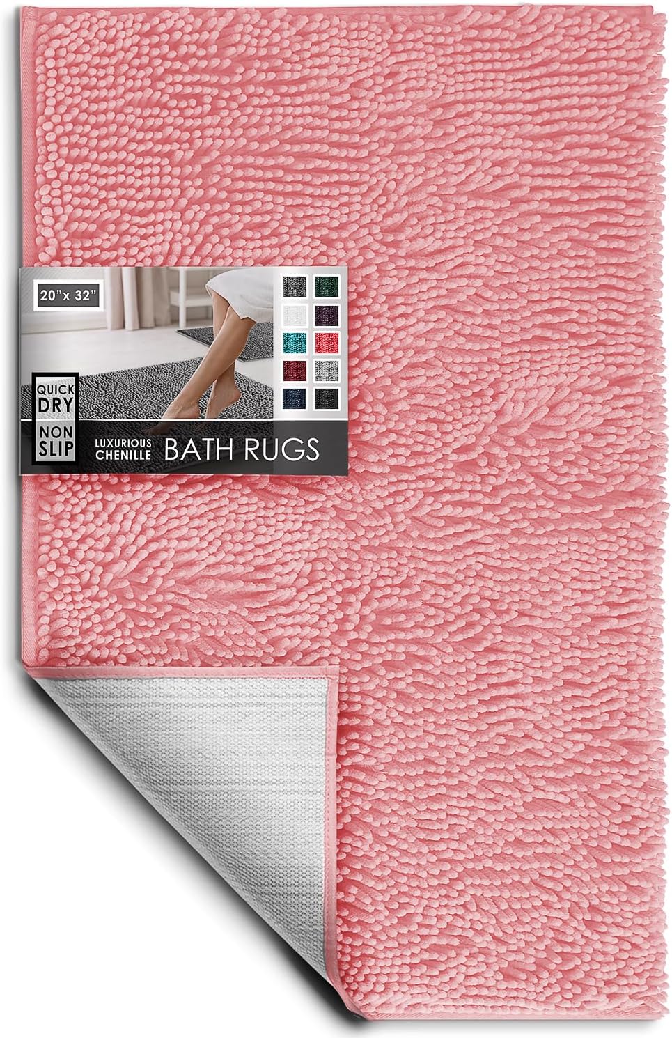 Bathroom Rugs, Chenille Bath Mat - Machine Washable Bath Mats for Bathroom Non-Slip Backing Rubber, Quick Dry Bathroom Mat, 20 x 32 - Pink