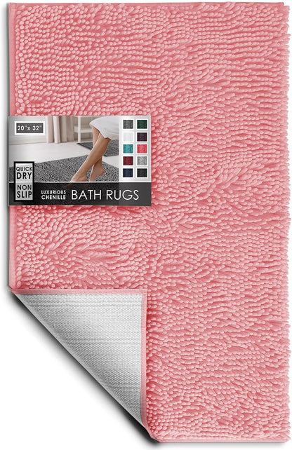 Bathroom Rugs, Chenille Bath Mat - Machine Washable Bath Mats for Bathroom Non-Slip Backing Rubber, Quick Dry Bathroom Mat, 20 x 32 - Pink