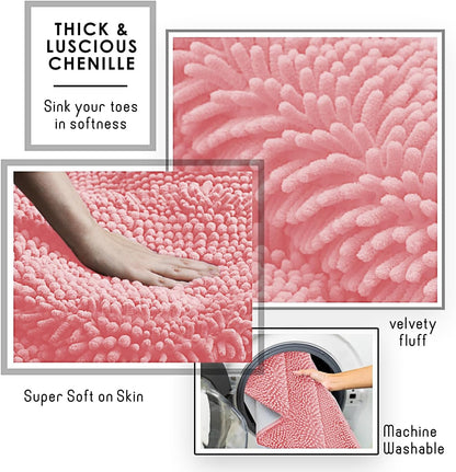 Bathroom Rugs, Chenille Bath Mat - Machine Washable Bath Mats for Bathroom Non-Slip Backing Rubber, Quick Dry Bathroom Mat, 20 x 32 - Pink