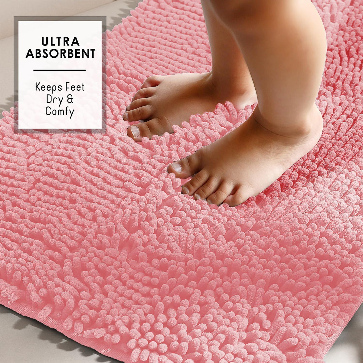 Bathroom Rugs, Chenille Bath Mat - Machine Washable Bath Mats for Bathroom Non-Slip Backing Rubber, Quick Dry Bathroom Mat, 20 x 32 - Pink