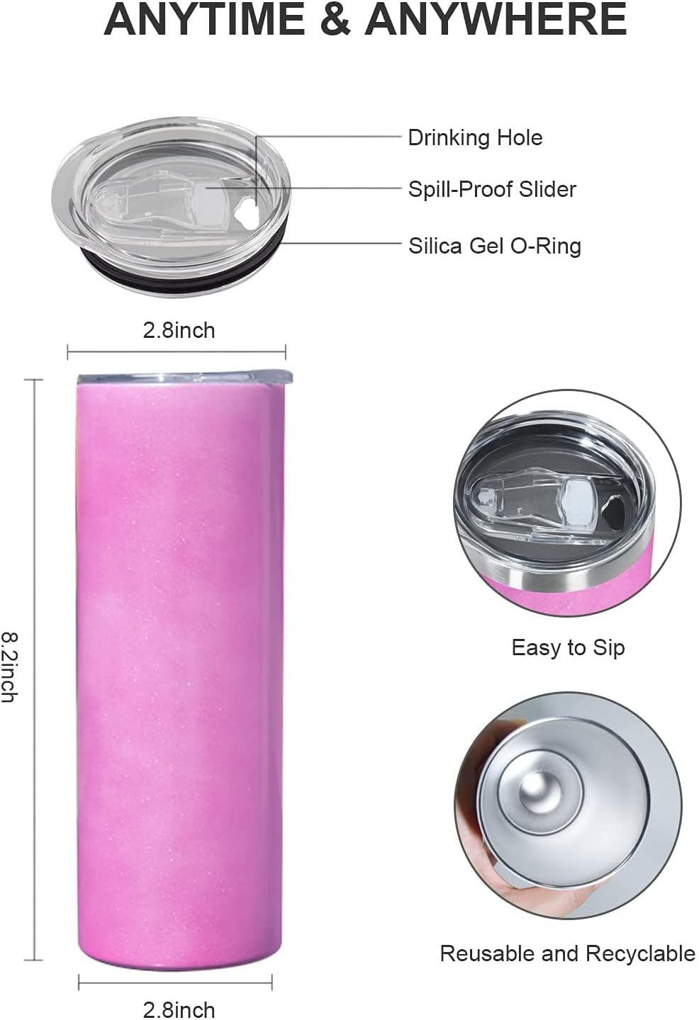 20oz UV Color Changing Sublimation Skinny Tumbler, Sun Light Sensing Stainless Steel Straight Slim Travel Mug with lid and straw (White-Pink)