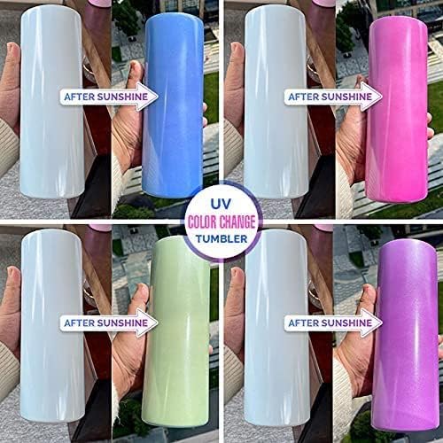 20oz UV Color Changing Sublimation Skinny Tumbler, Sun Light Sensing Stainless Steel Straight Slim Travel Mug with lid and straw (White-Pink)