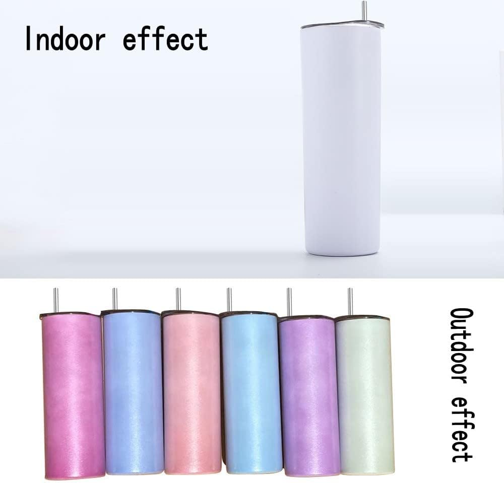 20oz UV Color Changing Sublimation Skinny Tumbler, Sun Light Sensing Stainless Steel Straight Slim Travel Mug with lid and straw (White-Pink)